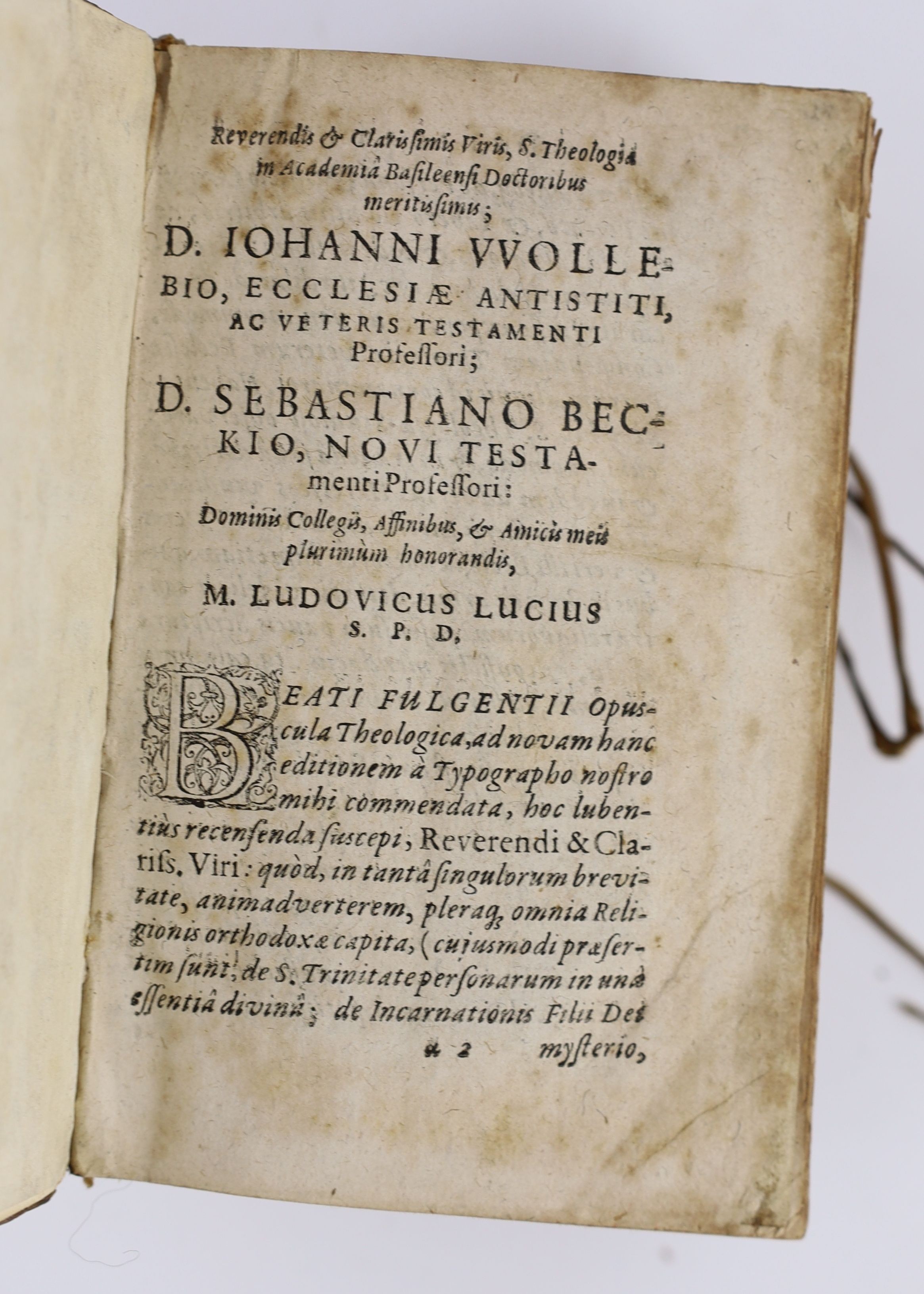 Fulgentius, Saint Fabius of Ruspa - Beati Fulgentii, episcopi Ruspensis in Africa doctissimi, Opera theologica, 8vo, calf, with loss to spine, title strengthened, leaf margins darkened, renewed fly leaves, Sebastianum He